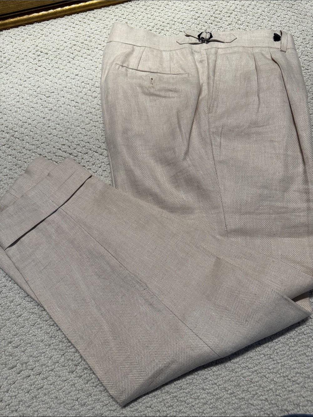 Men's Pleated Dress Pants in Light Beige - Tailored Herringbone Trousers 32x 29